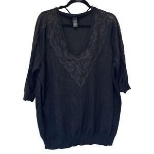 Black V Neck Sweater Lace Detail 3/4 Sleeve Knit Top